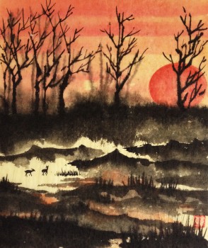 Berg im Sonnenuntergang (2) — 18x21cm Tinte auf Reispapier 2015
